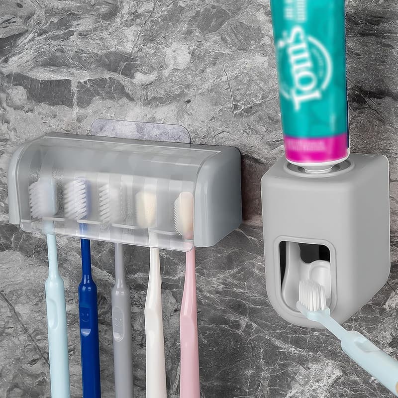 Wall-Mount Toothbrush Holder with Cover and Toothpaste Dispenser