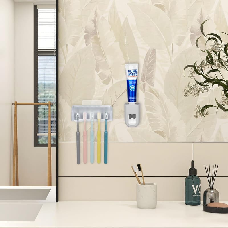 Wall-Mount Toothbrush Holder with Cover and Toothpaste Dispenser