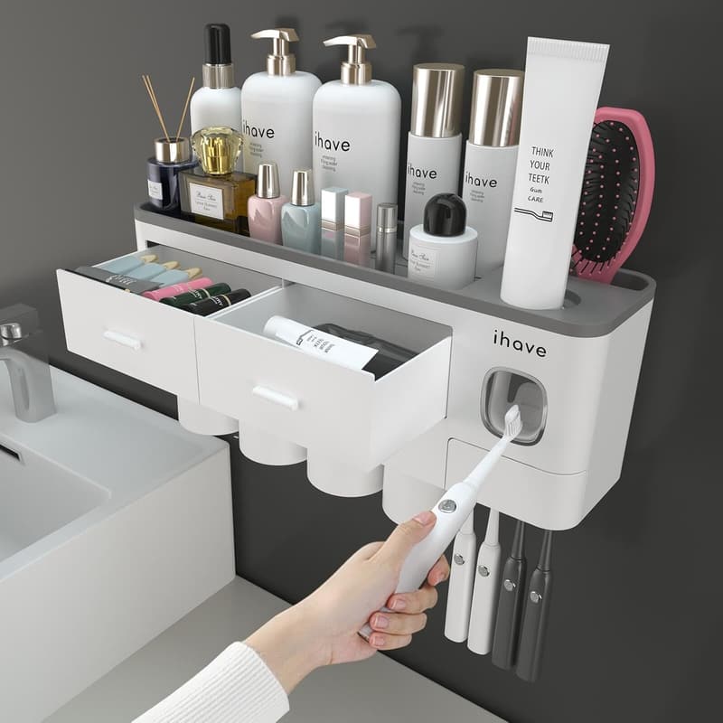 Wall-Mounted Bathroom Organizer Set with Toothbrush Holder & Dispenser