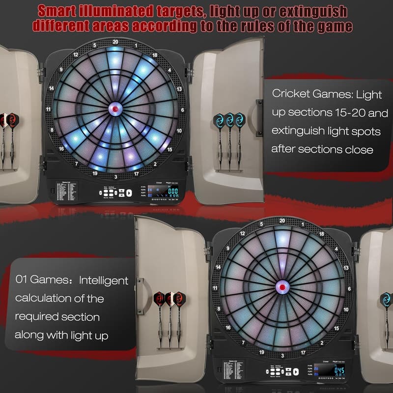 Illuminated Electronic Dart Board Cabinet Set with 48 Games