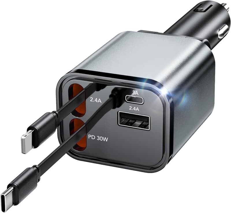 69W Fast Charging 4-in-1 Retractable Car Charger Adapter
