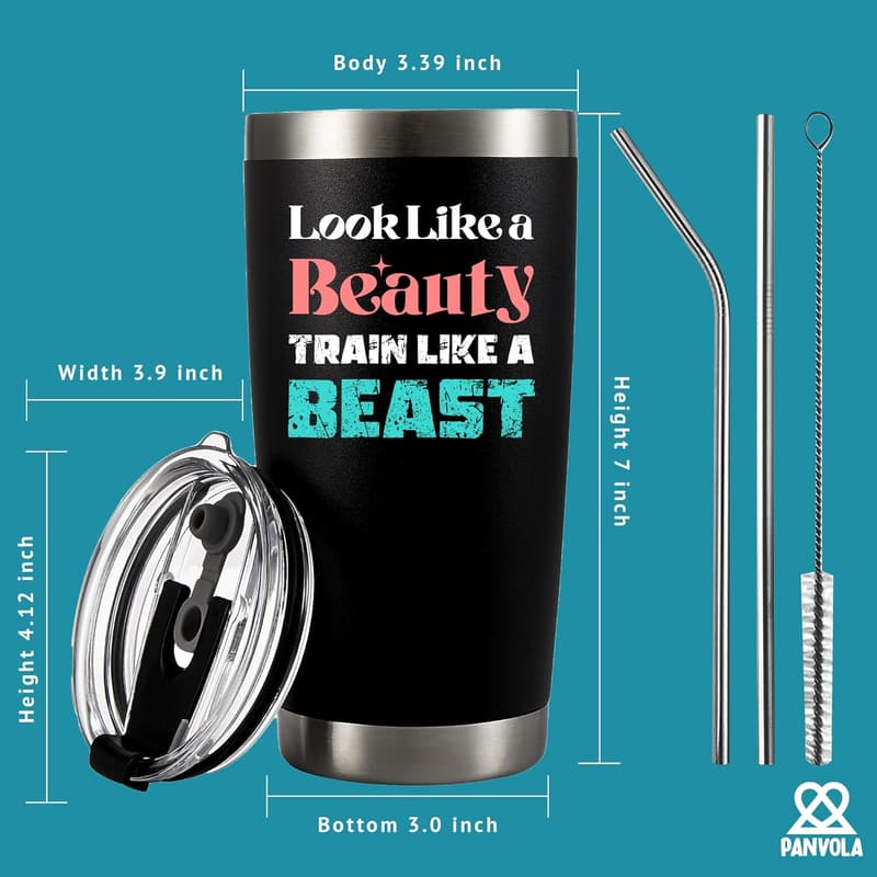 Gym Gifts for Women: 20 oz Black Insulated Tumbler with Straw