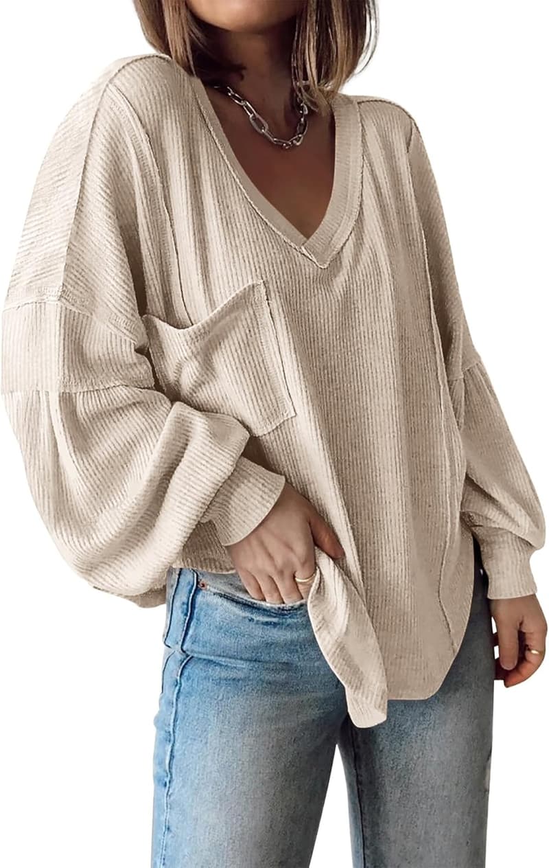 Women's Ribbed V-Neck Tunic Top - Casual Summer Pullover