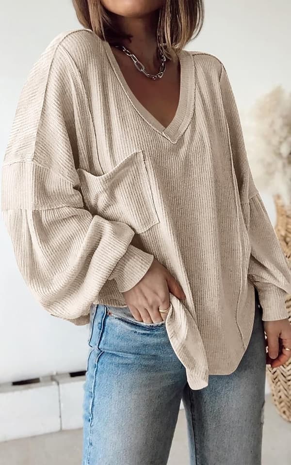 Women's Ribbed V-Neck Tunic Top - Casual Summer Pullover