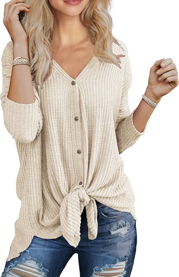 Casual Women's Waffle Knit Henley Tunic Top with Tie Knot