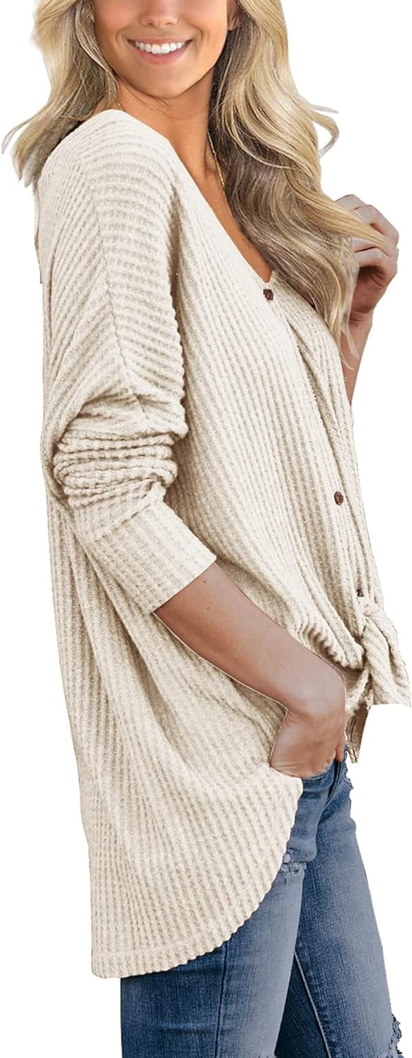 Casual Women's Waffle Knit Henley Tunic Top with Tie Knot