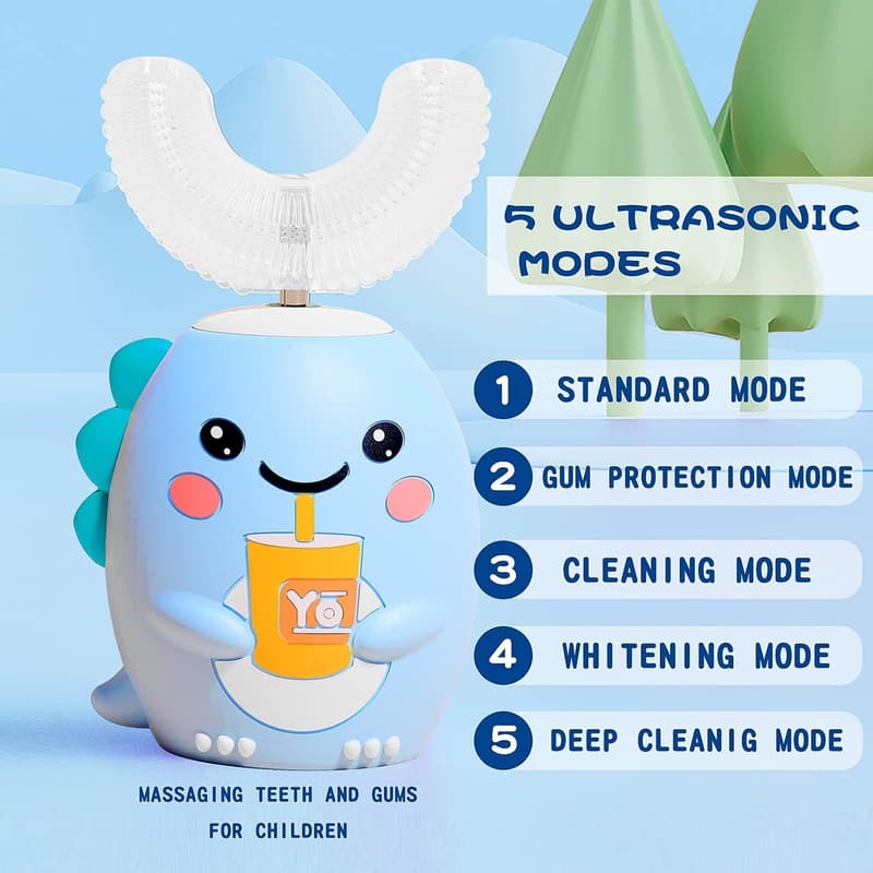 Kids U-Shaped Sonic Toothbrush with 4 Heads, 5 Modes, Waterproof