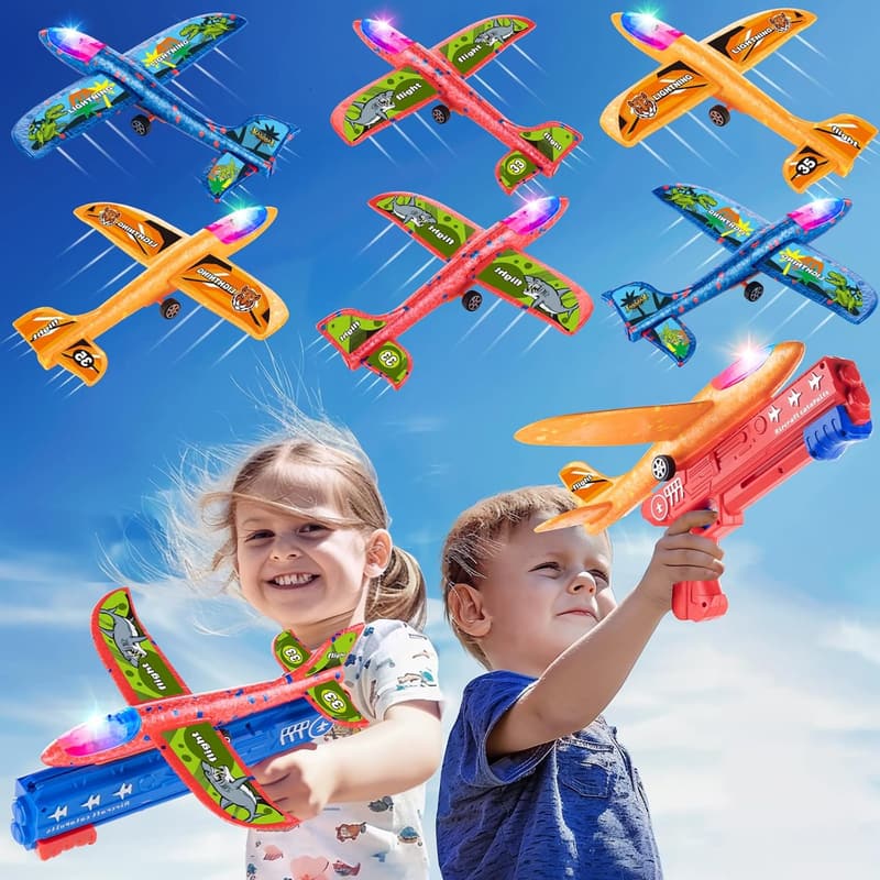 LED Airplane Launcher Toy Set for Kids - 6 Pack with 2 Launchers