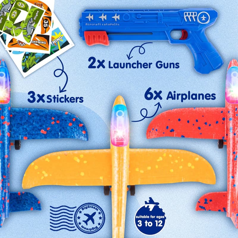 LED Airplane Launcher Toy Set for Kids - 6 Pack with 2 Launchers
