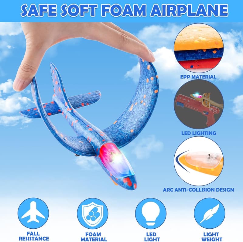 LED Airplane Launcher Toy Set for Kids - 6 Pack with 2 Launchers