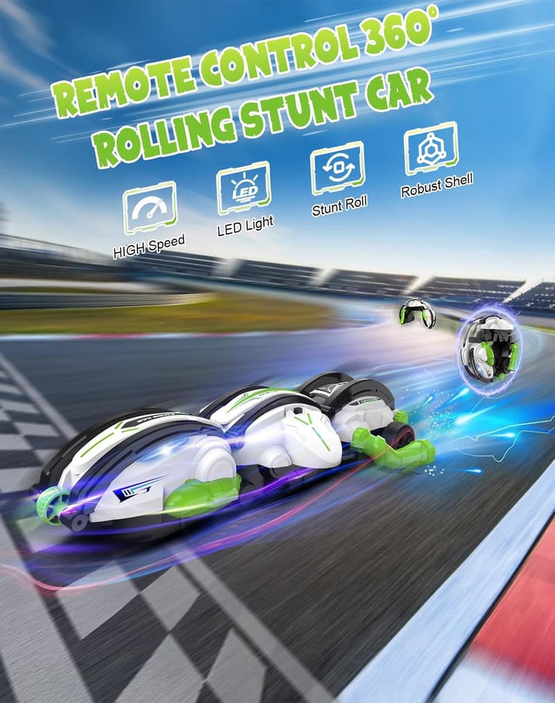 360° Rolling RC Stunt Snake Car with LED Lights for Kids
