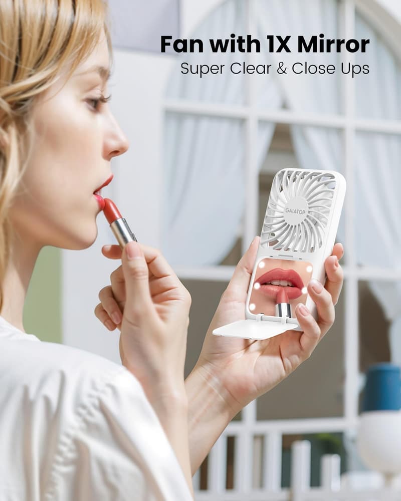 Portable Handheld Fan with LED Mirror - Travel Essential for Women