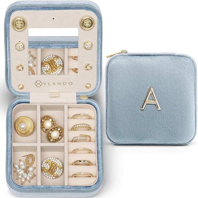 Mini Travel Jewelry Case - Initial A, Blue, for Girls and Women