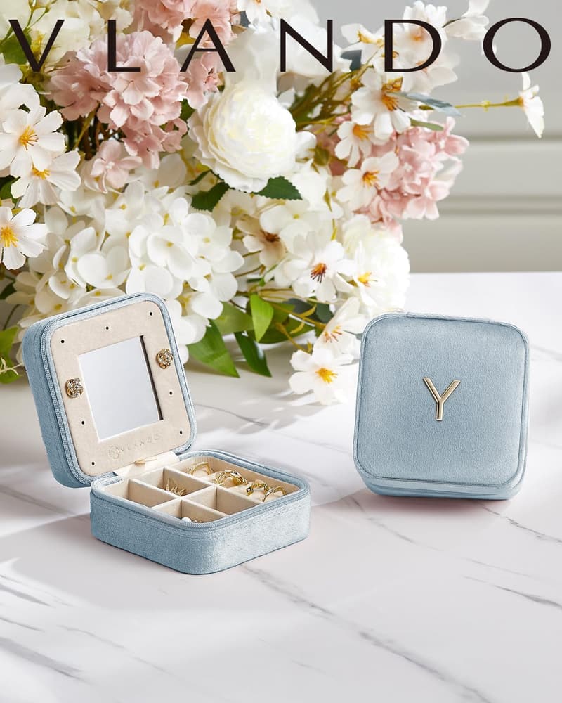 Mini Travel Jewelry Case - Initial A, Blue, for Girls and Women