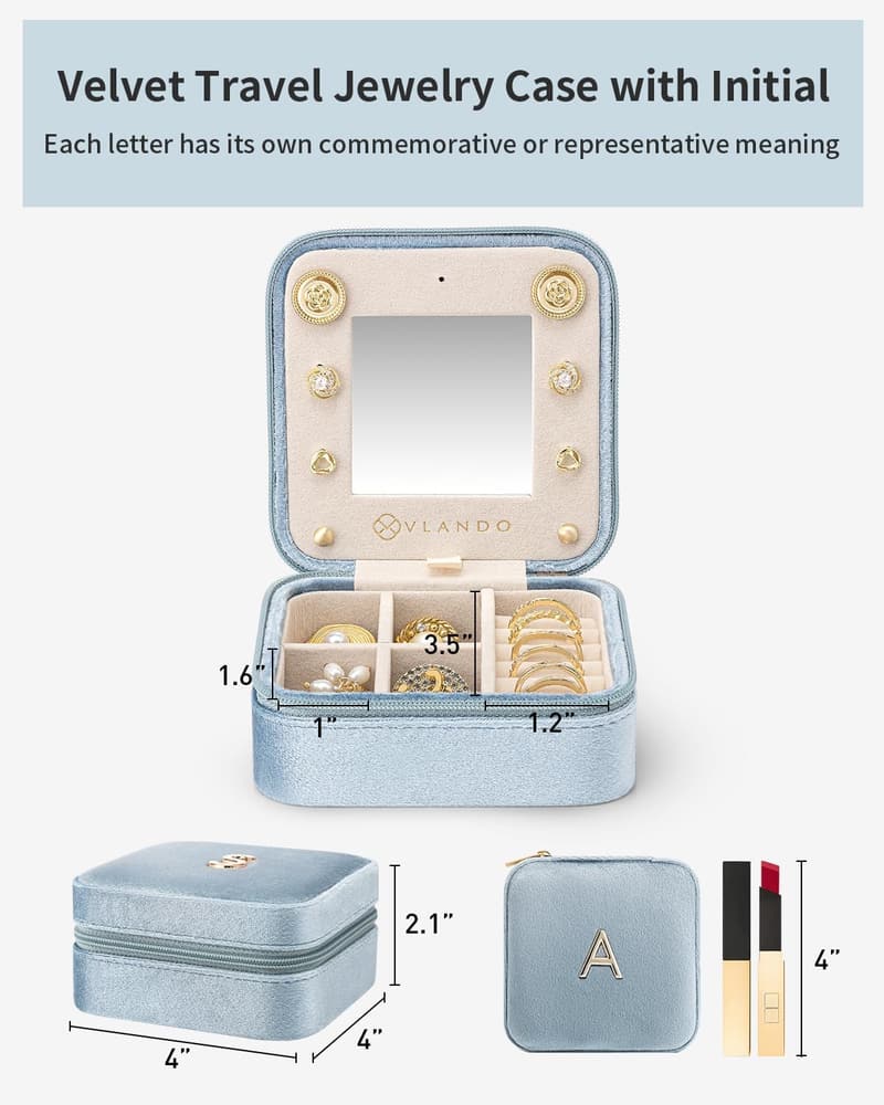Mini Travel Jewelry Case - Initial A, Blue, for Girls and Women