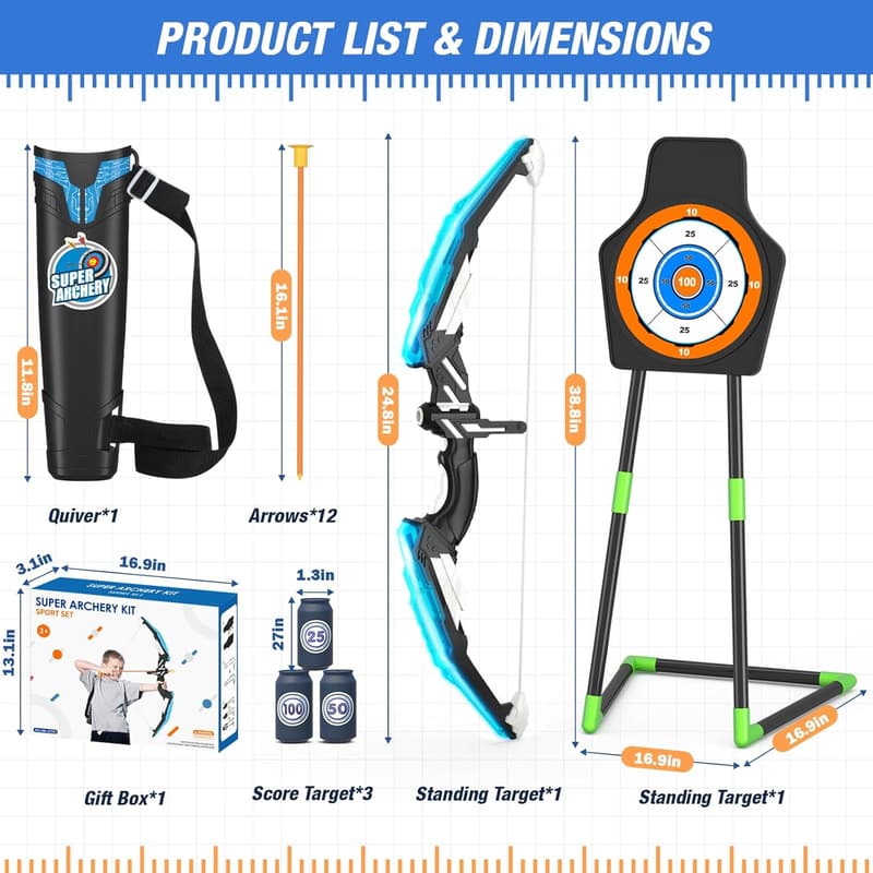 LED Light-Up Archery Set for Kids Ages 4-12 - Blue