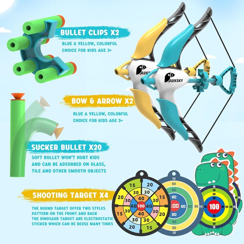 Kids Archery Set - 2 Pack Bow and Arrow with 20 Suction Cup Arrows & 4 Targets