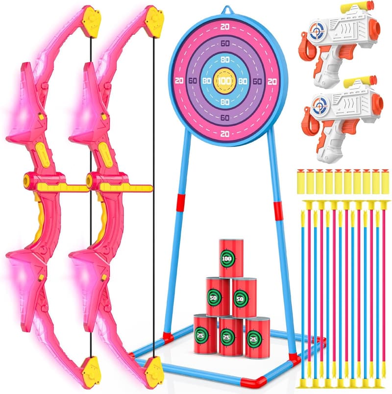 Kids Light Up Bow and Arrow Set with Foam Dart Guns - 2 Pack