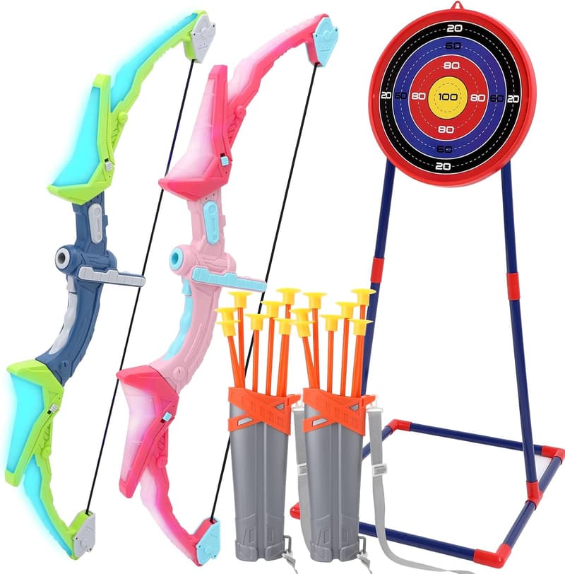 LED Light-Up Bow and Arrow Set for Kids - 10 Suction Cup Arrows & Target