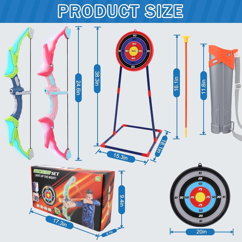 LED Light-Up Bow and Arrow Set for Kids - 10 Suction Cup Arrows & Target