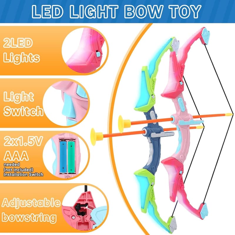 LED Light-Up Bow and Arrow Set for Kids - 10 Suction Cup Arrows & Target