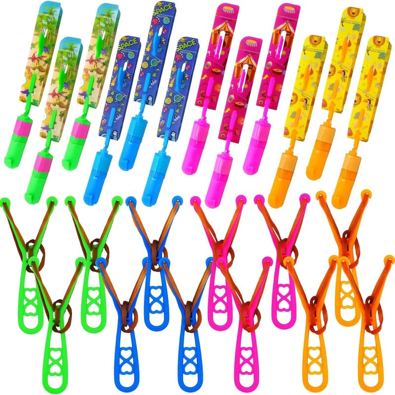 LED Rocket Slingshot Toy Set for Kids - 12 Glow-in-the-Dark Launchers