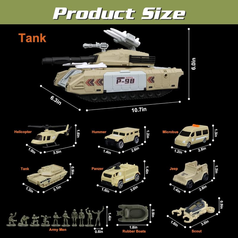 Army Toy Set with 7 Vehicles – Birthday Gift for Boys Age 4-7