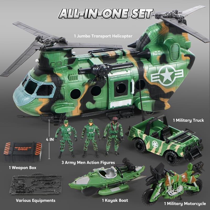 10-in-1 Military Helicopter Toy Set with Light & Sound