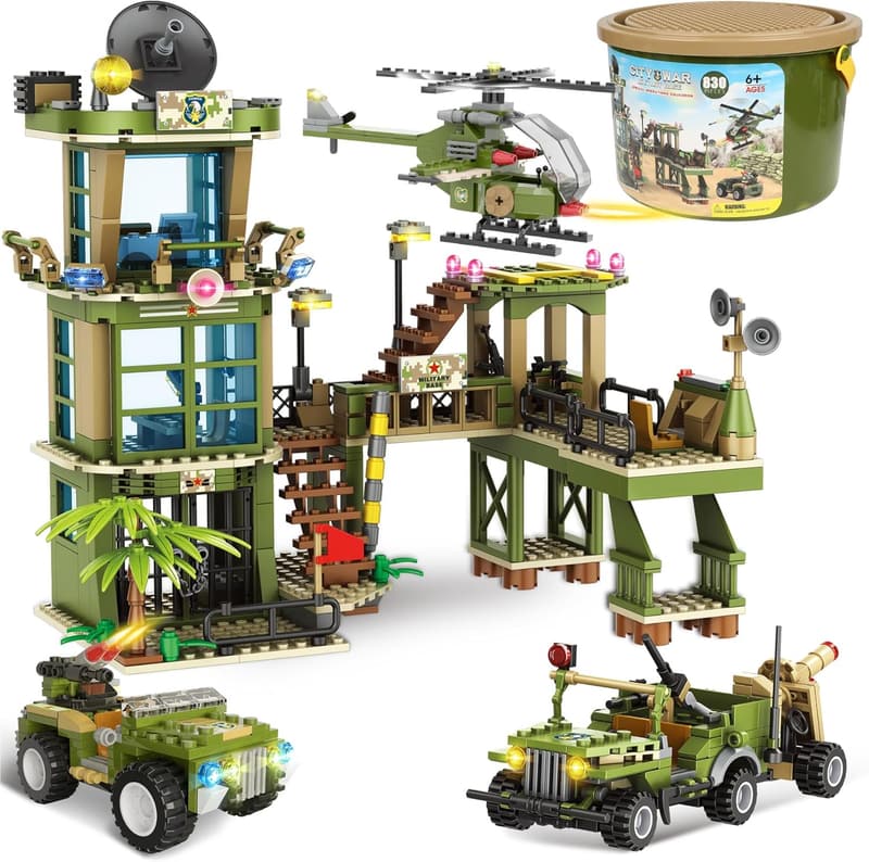 Military Base Building Block Toy Set with Storage Bucket for Boys
