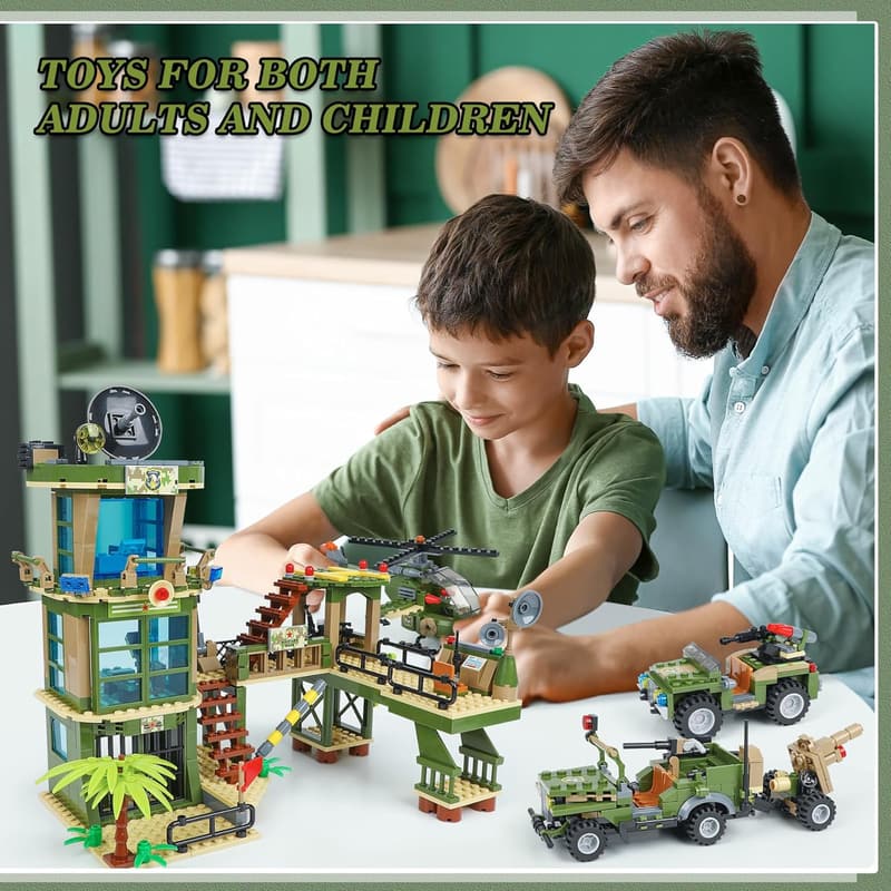 Military Base Building Block Toy Set with Storage Bucket for Boys