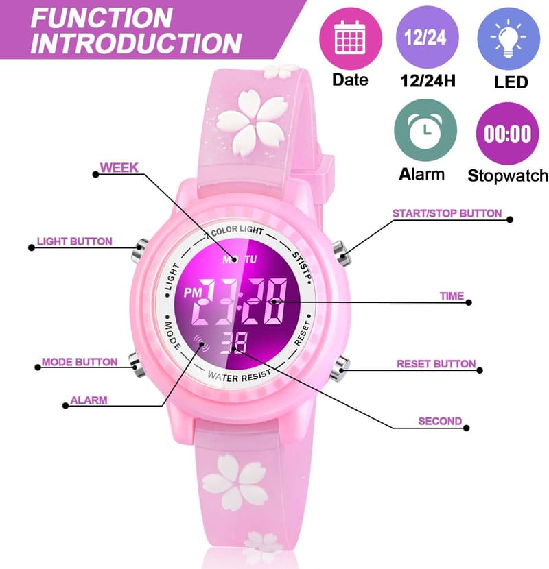 Waterproof LED Kids Watch with Alarm for Ages 3-10