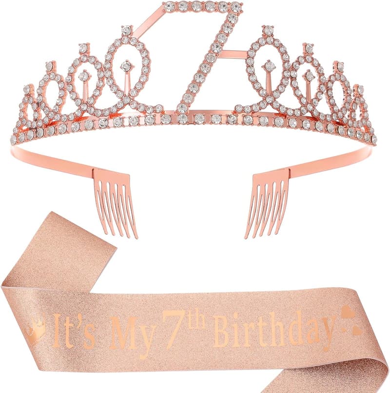 7th Birthday Rose Gold Glitter Sash & Crown Set for Girls