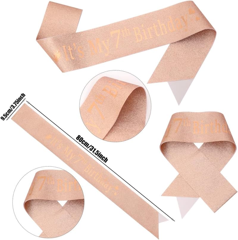 7th Birthday Rose Gold Glitter Sash & Crown Set for Girls