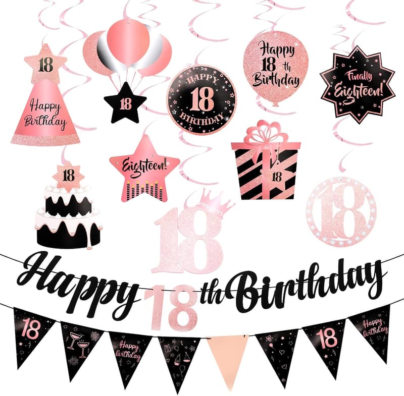 18th Birthday Rose Gold Decorations with Banner & Hanging Swirls