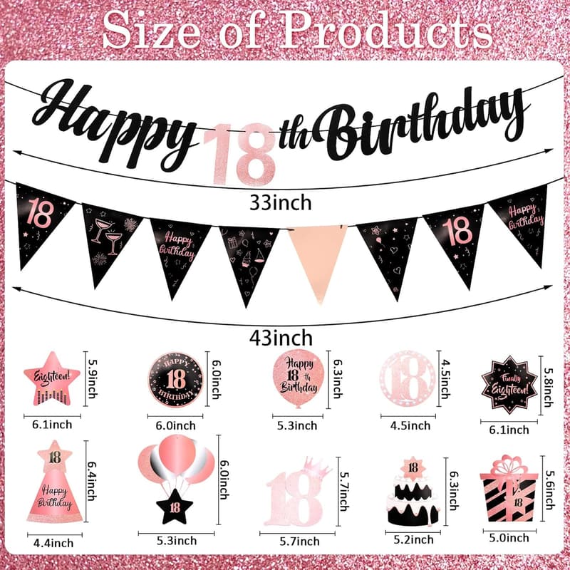18th Birthday Rose Gold Decorations with Banner & Hanging Swirls