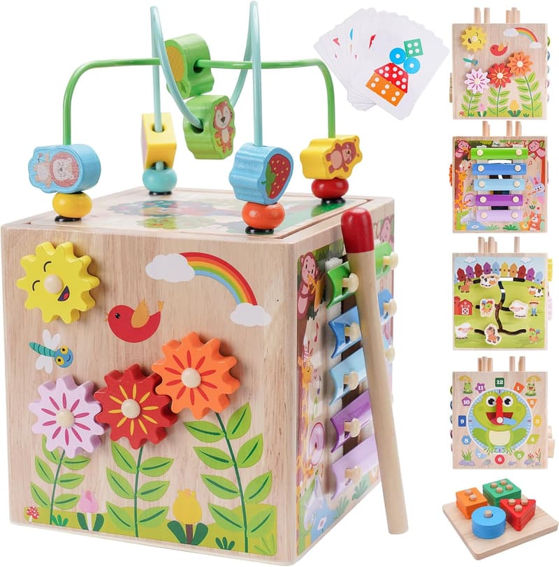 Montessori Wooden Activity Cube - Educational Toy for Toddlers