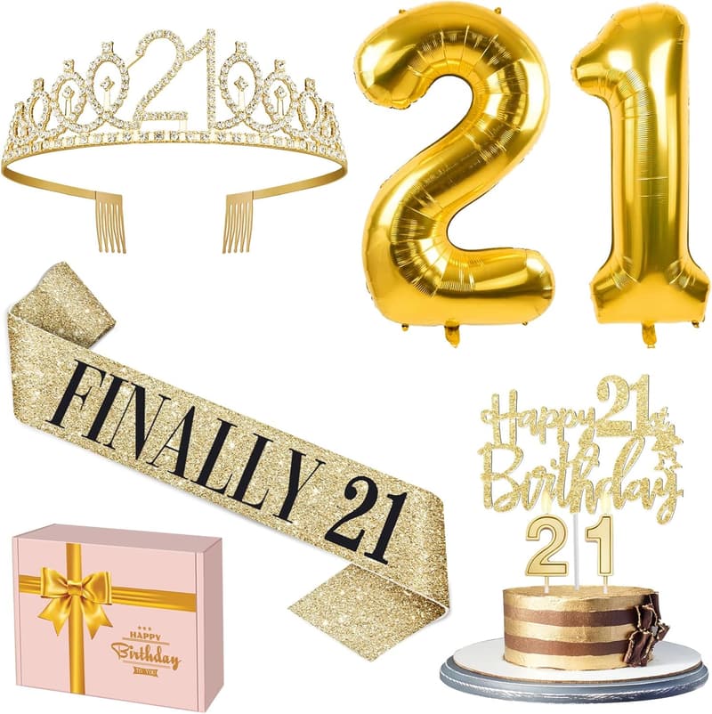 21st Birthday Decorations Set with Sash, Tiara, Balloons
