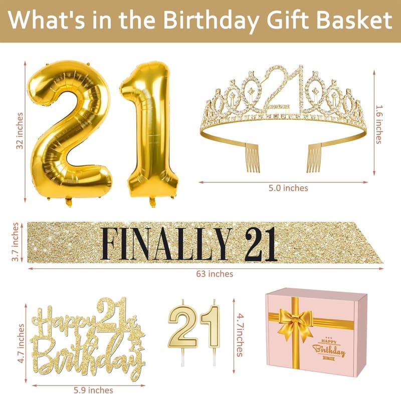 21st Birthday Decorations Set with Sash, Tiara, Balloons