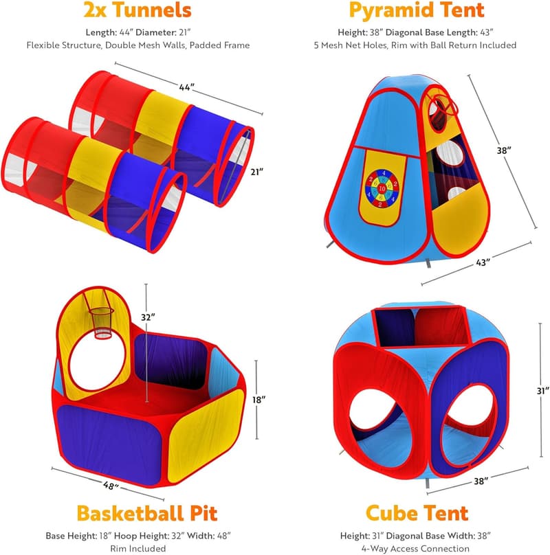 Kids' Play Tent and Tunnel Set with Ball Pit and Basketball Hoop