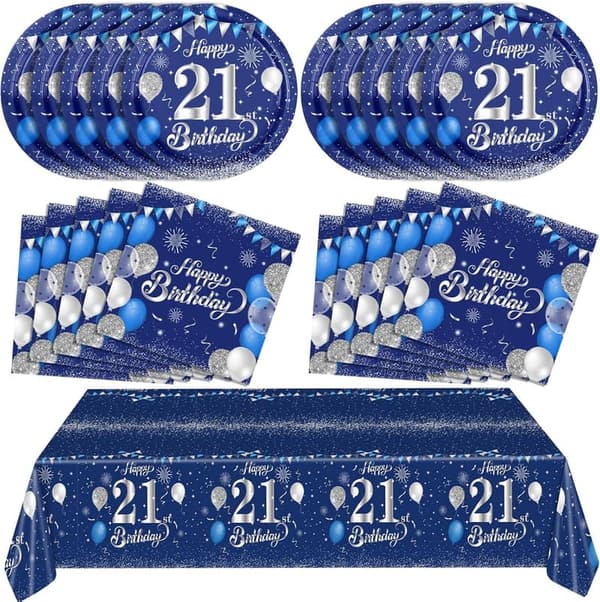 21st Birthday Decorations for Him - Blue & Silver Party Supplies
