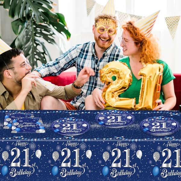21st Birthday Decorations for Him - Blue & Silver Party Supplies