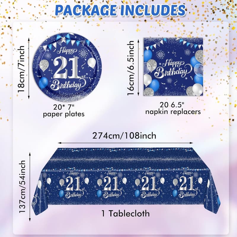 21st Birthday Decorations for Him - Blue & Silver Party Supplies