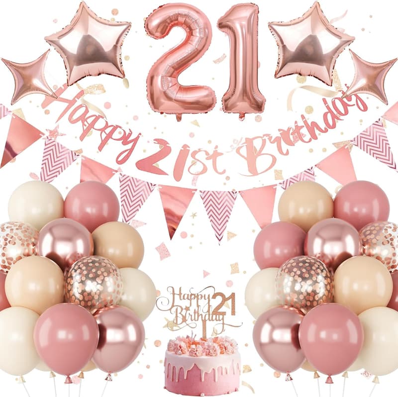 21st Birthday Balloon Set with Happy Birthday Banner and Cake Topper
