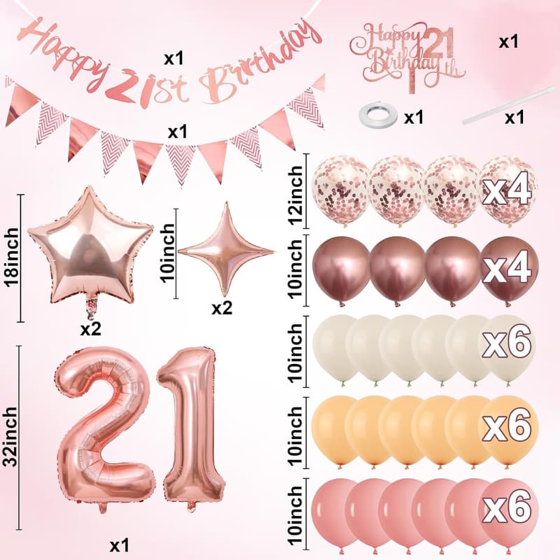 21st Birthday Balloon Set with Happy Birthday Banner and Cake Topper