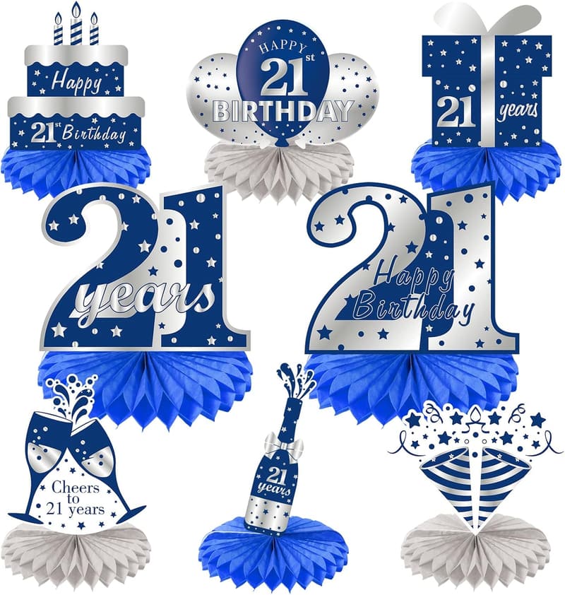 21st Birthday Honeycomb Centerpieces - Blue & Silver Decorations