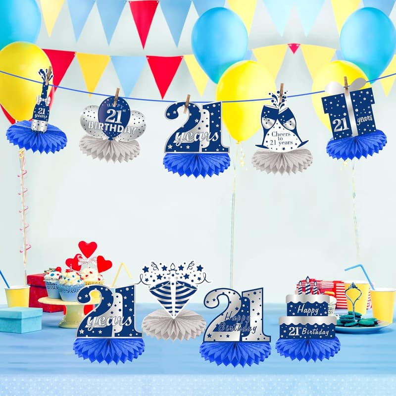 21st Birthday Honeycomb Centerpieces - Blue & Silver Decorations