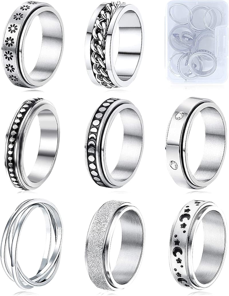 Stress Relief Spinner Rings Set - 8pcs Stainless Steel Fidget Rings
