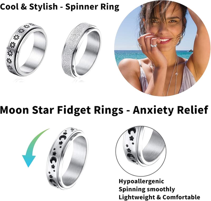 Stress Relief Spinner Rings Set - 8pcs Stainless Steel Fidget Rings