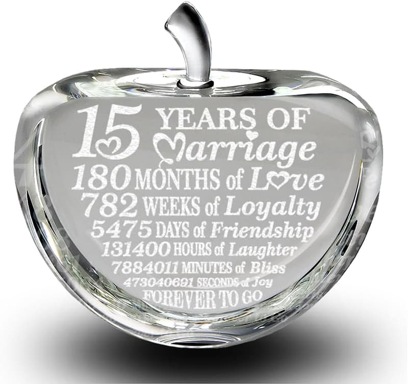 15th Anniversary Engraved Crystal Apple Keepsake for Couples
