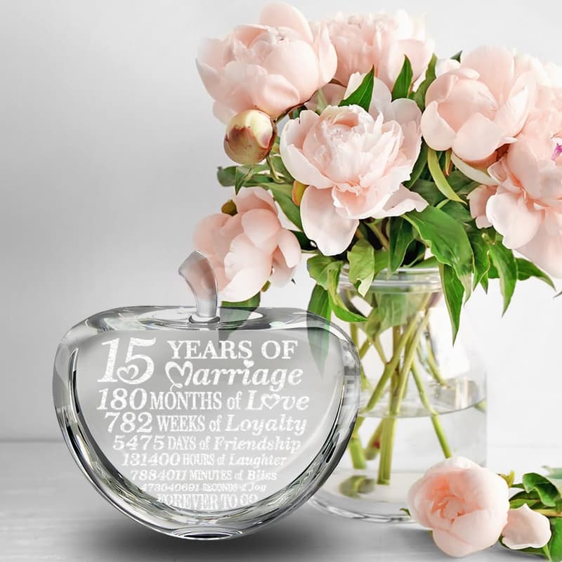 15th Anniversary Engraved Crystal Apple Keepsake for Couples